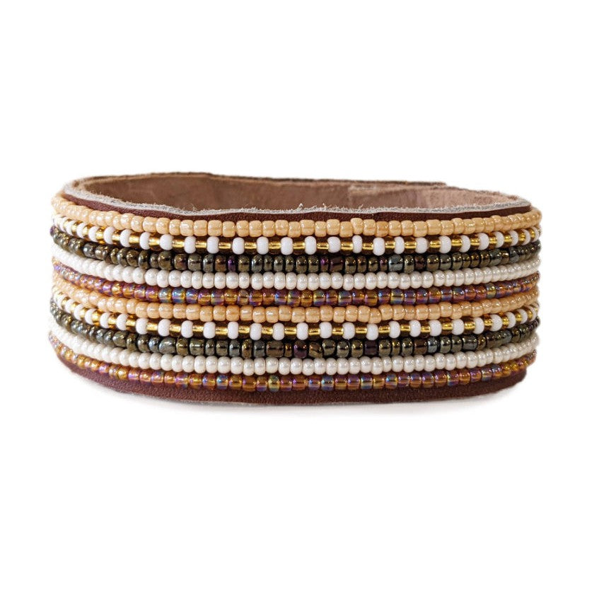 Stripes Light Neutral Beaded Leather Cuff- Assorted Sizes