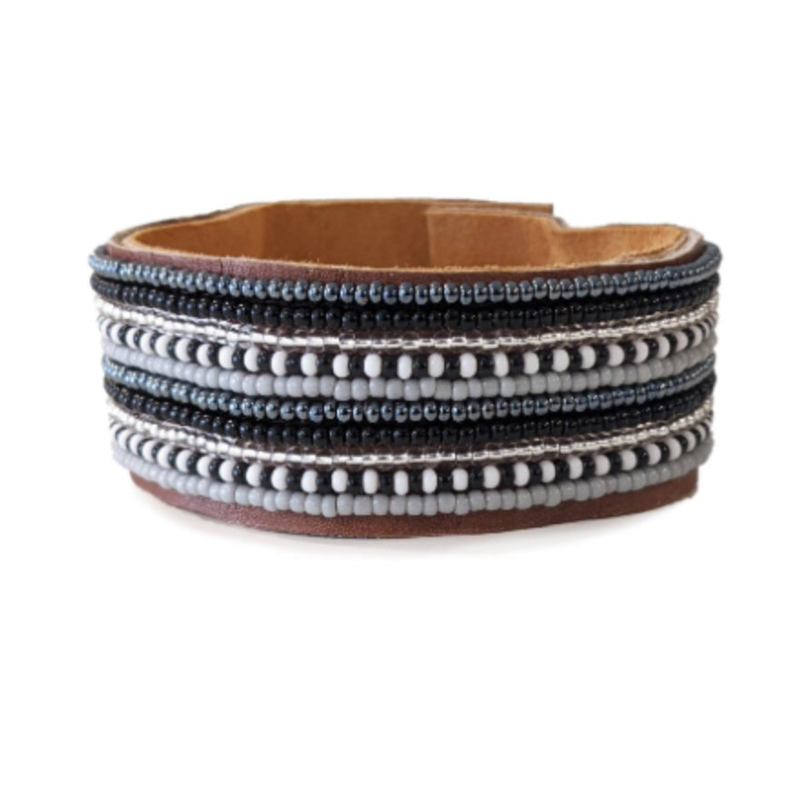 Stripes Twilight Beaded Leather Cuff- Assorted Sizes