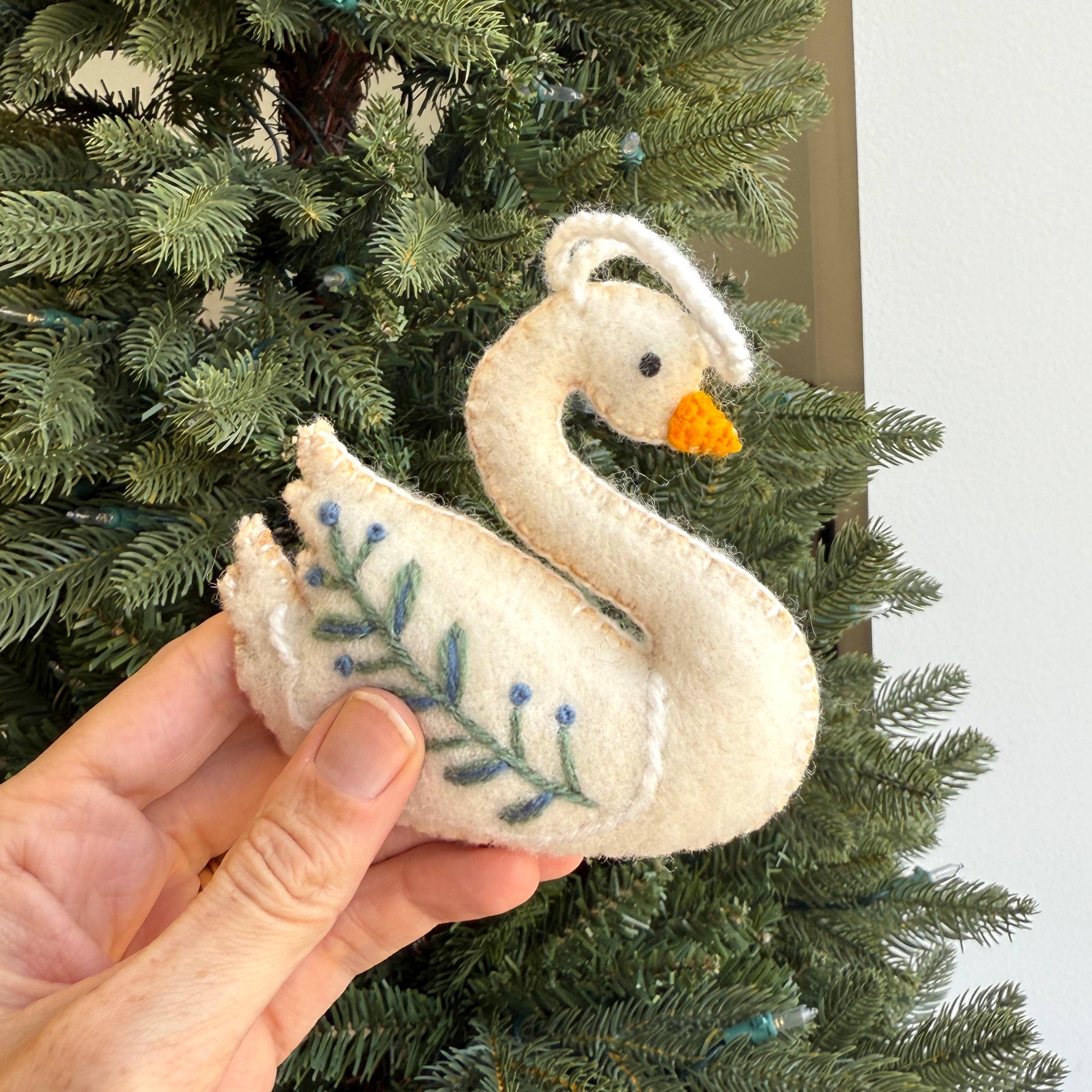 Swan Embroidered Wool Ornament