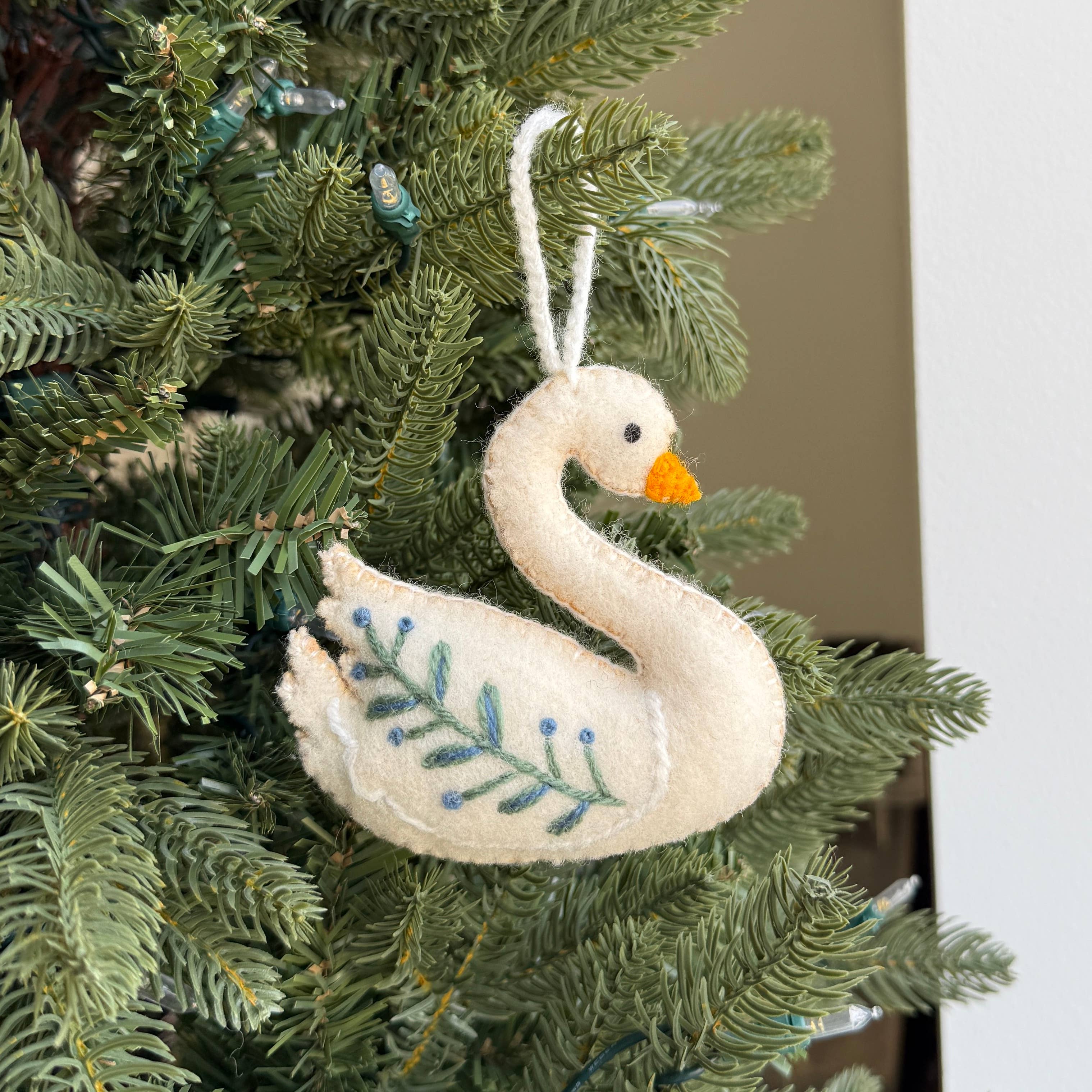 Swan Embroidered Wool Ornament