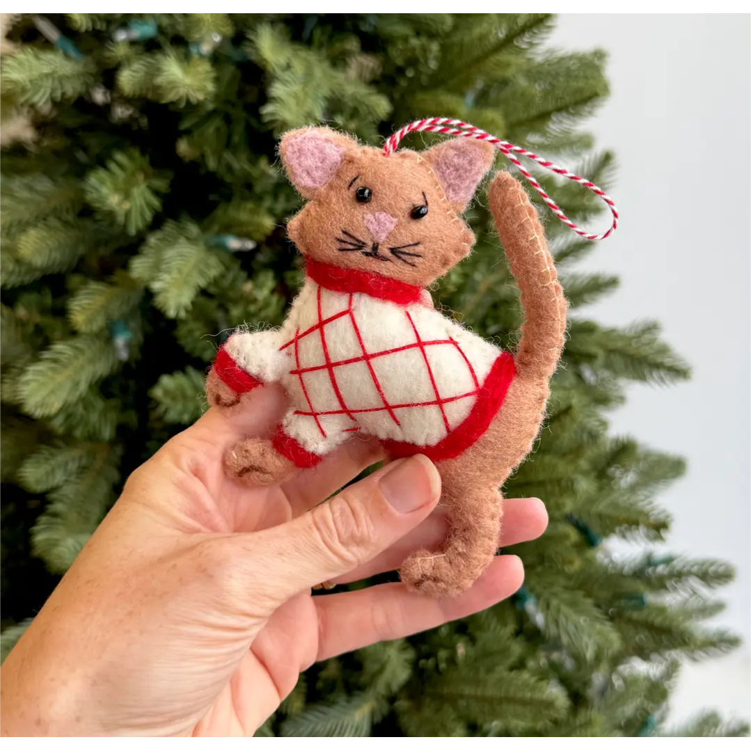 Tan Cat in Sweater Felt Wool Ornament