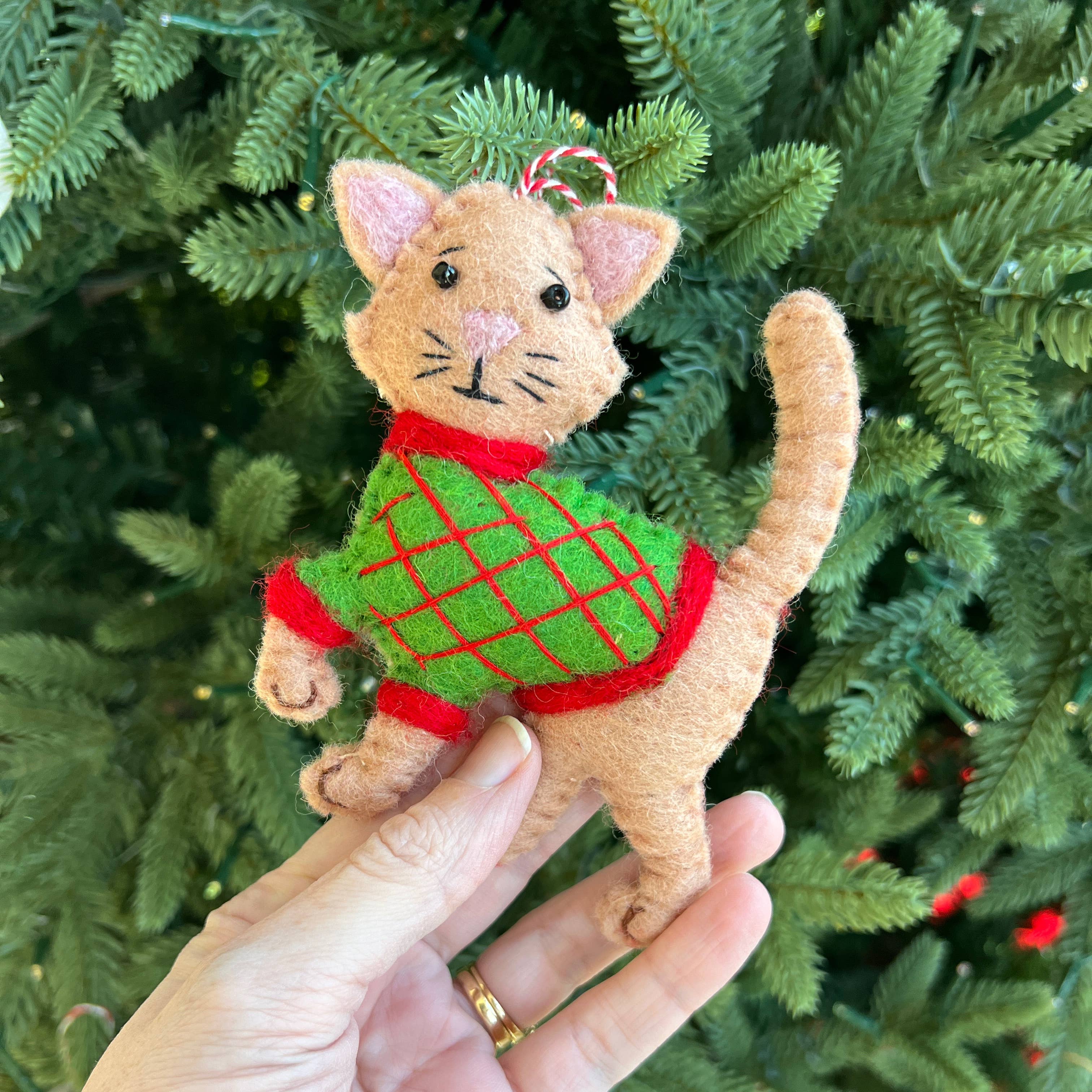 Tan Cat in Sweater Felt Wool Ornament