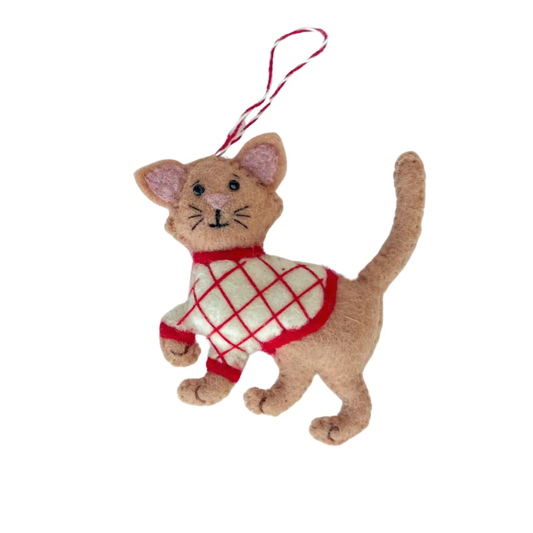 Tan Cat in Sweater Felt Wool Ornament