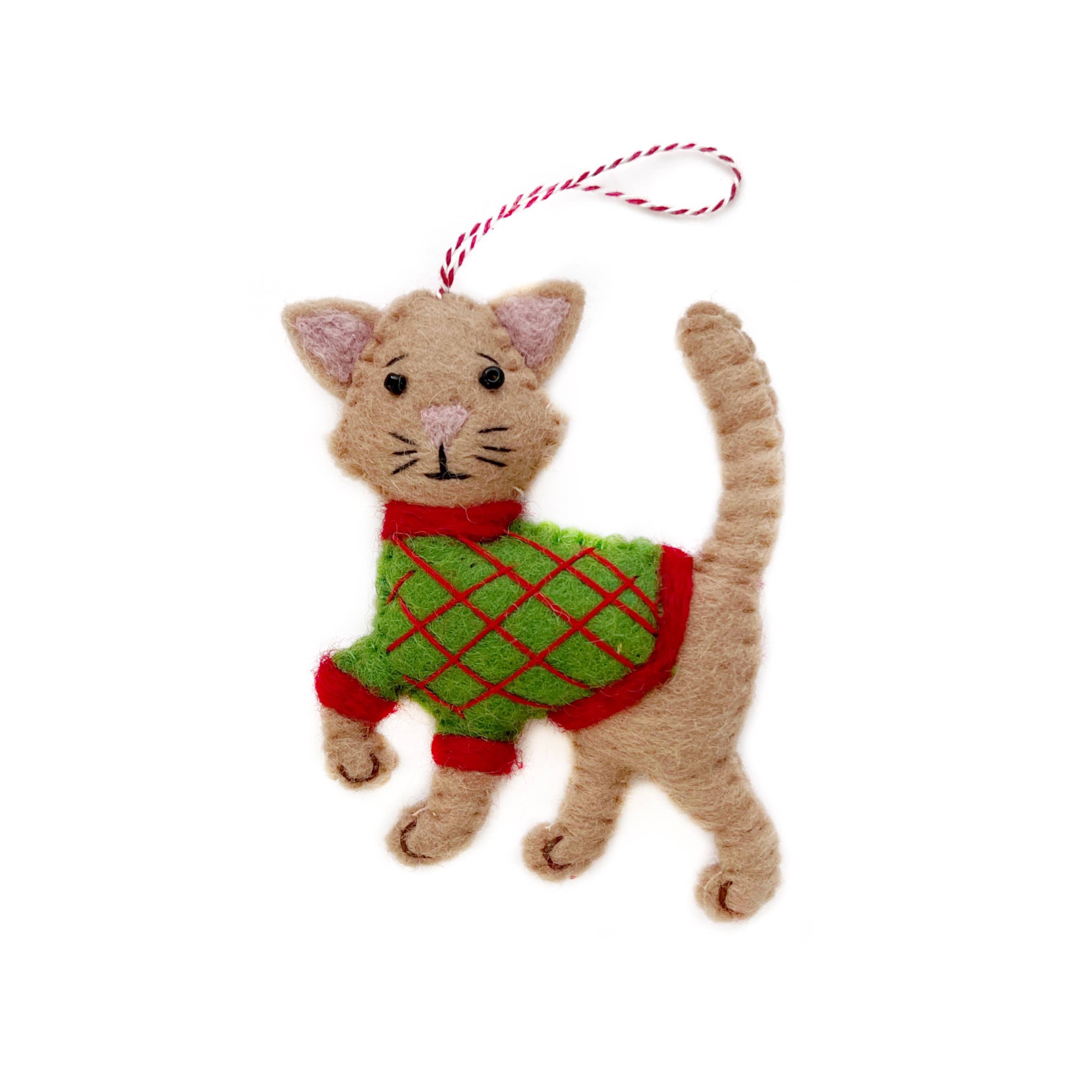Tan Cat in Sweater Felt Wool Ornament