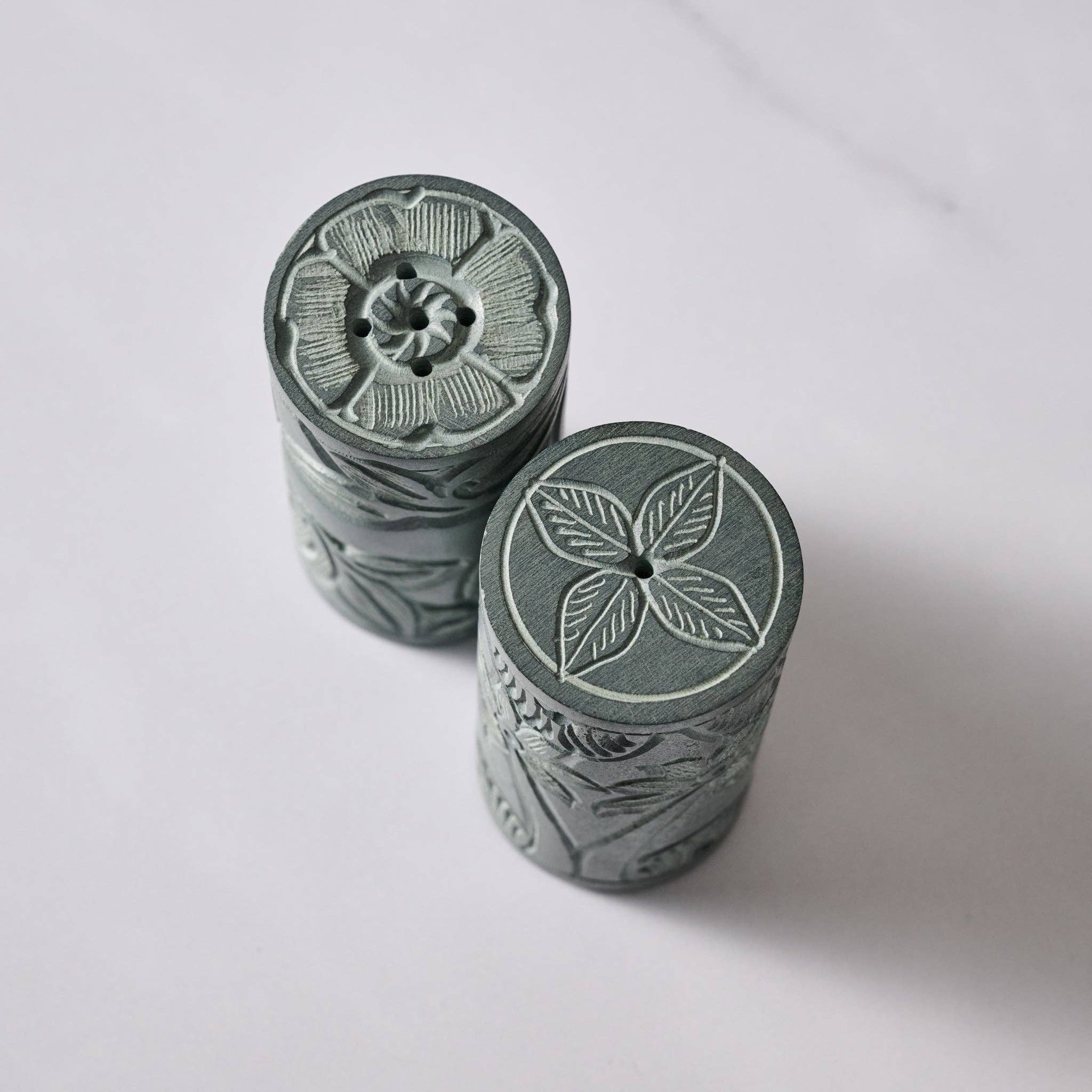 Valli Carved Palewa Stone Salt + Pepper Shakers
