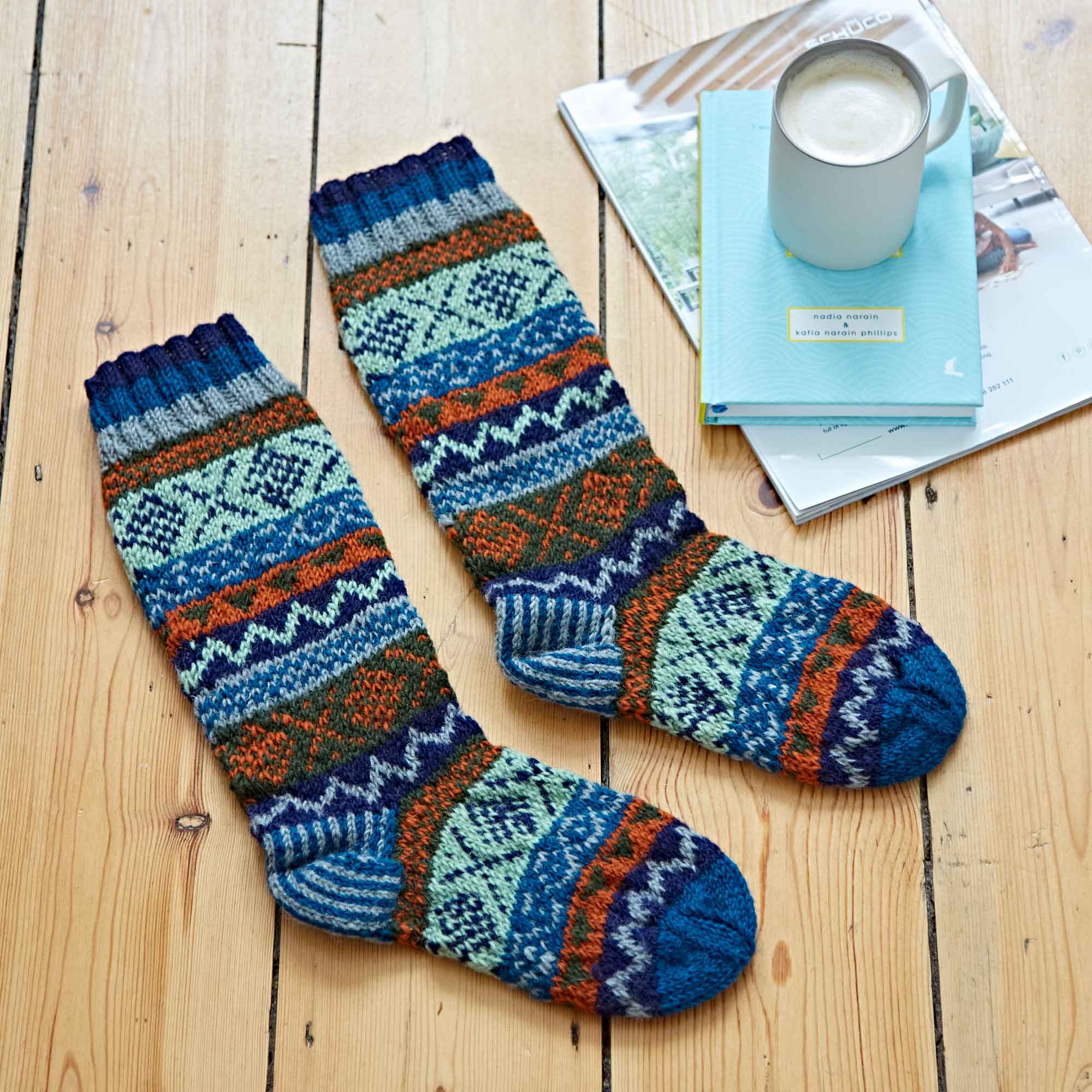 Woollen Fairisle Socks - Blue, Grey and Orange