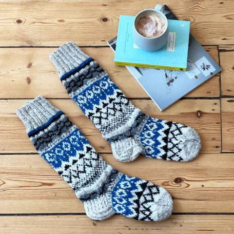 Woollen Fairisle Socks - Natural, Black and Blue