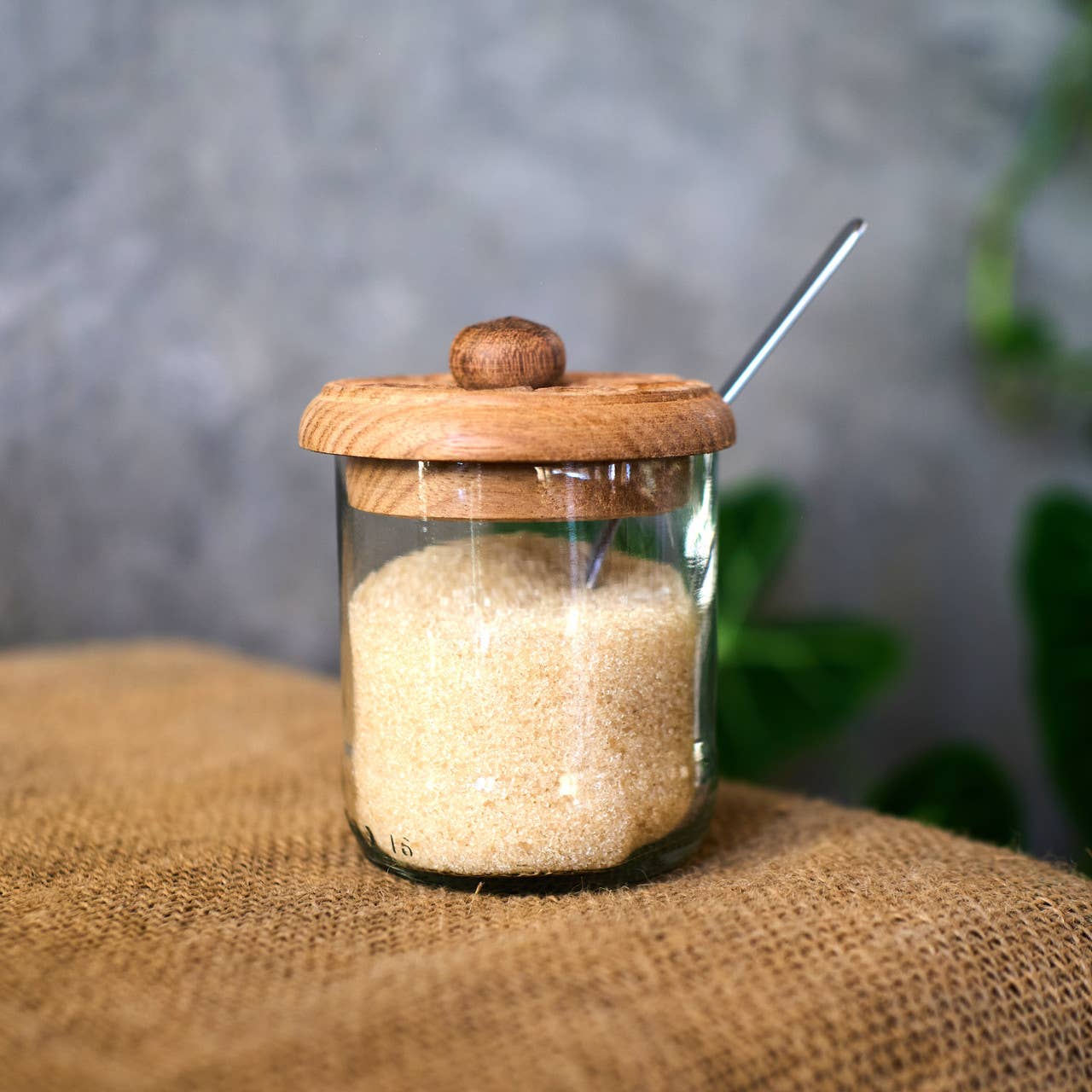 Recycled Glass Condiment Jar with Carved Wood Lid