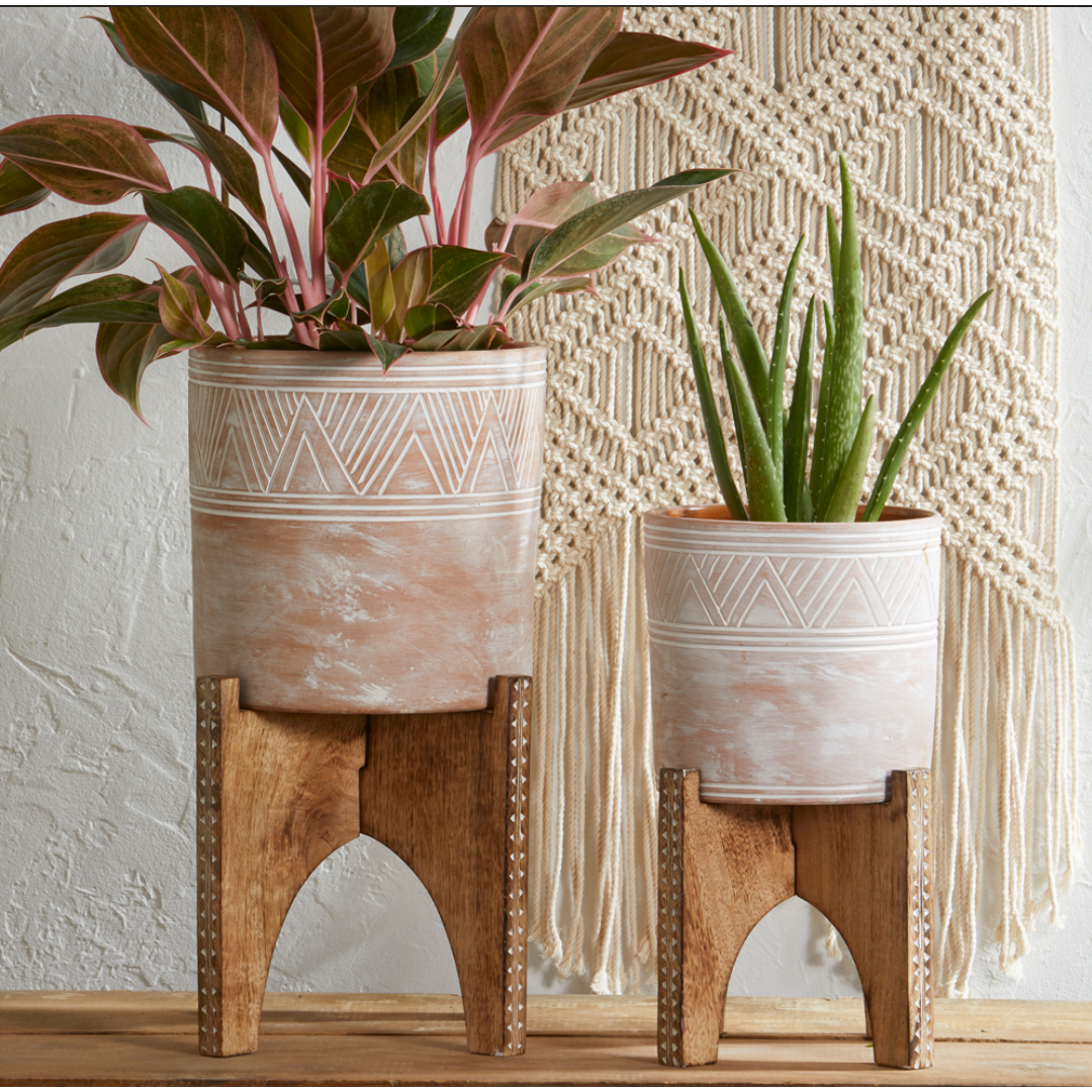Mango Wood Plant Stand with Etched Planter - Small (*Local Pickup/Local Delivery Only)