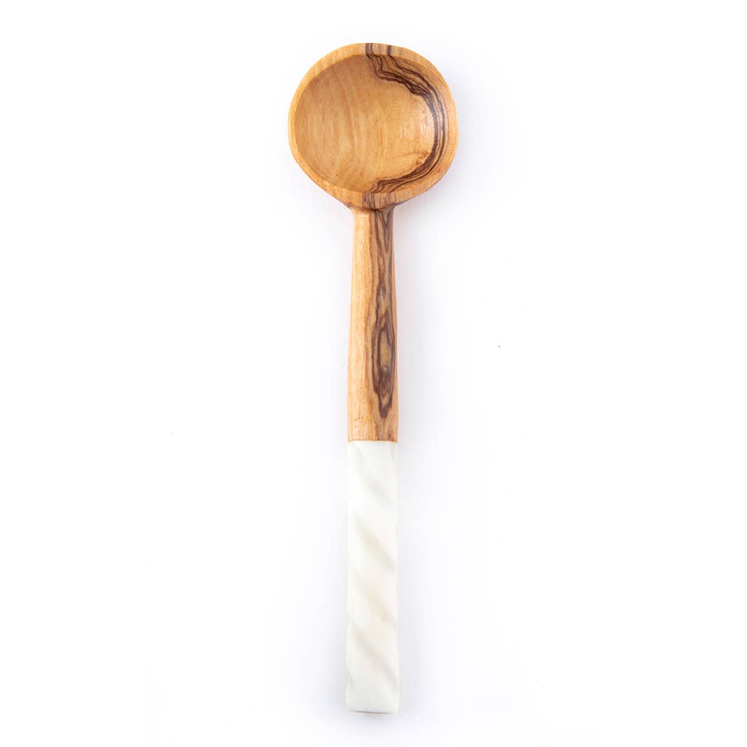 Olive Wood Coffee Spoon with White Bone Spiral Handle