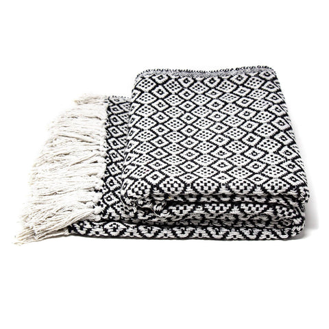 Recycled Cotton Decorative Throw with Tassels - Black & White